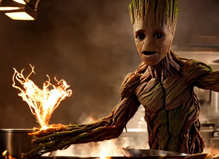 Prompt: film still of Groot working as a chef stirring a pot with his branches in the new Avengers movie, 4k