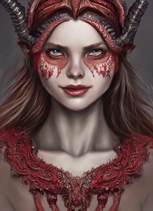 Image similar to red skin, Tiefling , smiling, beautiful detailed eyes, cute, fantasy, intricate, elegant, highly detailed, digital painting, 4k, HDR, concept art, detailed jewelry, smooth, sharp focus, illustration, by Eric Deschamps