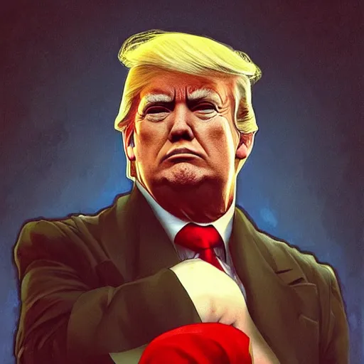 Image similar to donald trump as a communist, saluting, red suit, art by artgerm, greg rutkowski, alphonse mucha, studio portrait, highly detailed, digital art, elegant, intricate, concept art, trending on artstation