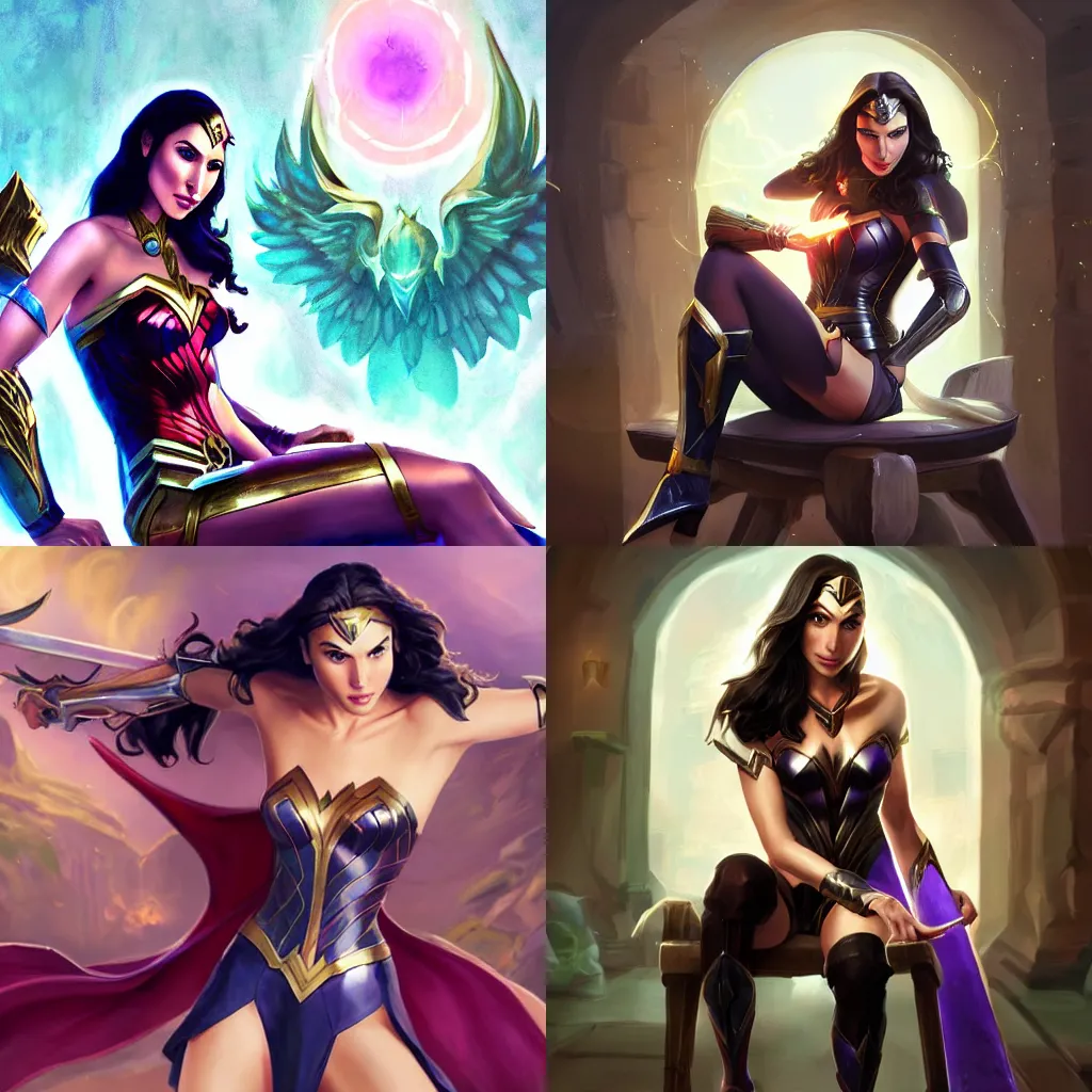 Prompt: gal gadot sitting on chair by Grace Liu hearthstone splash art