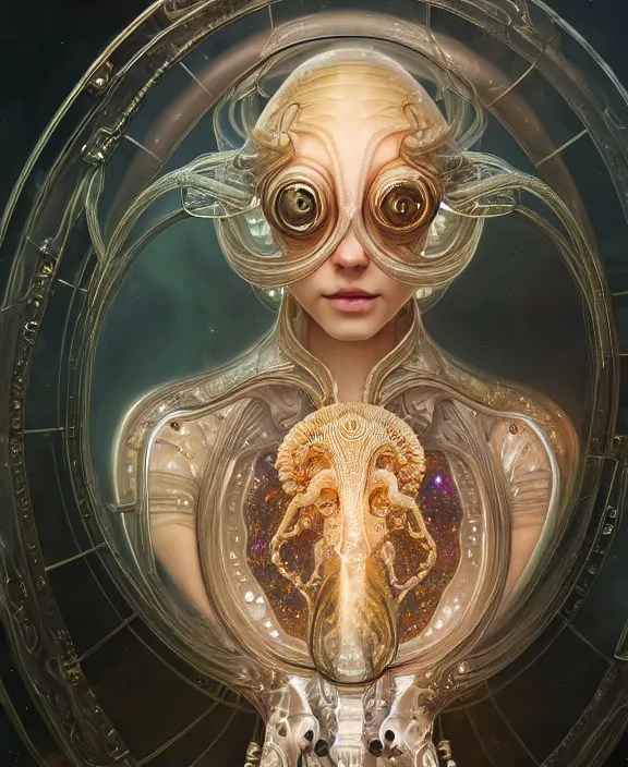 Prompt: intricate ornate opulent transparent clear see - through portrait of a cybernetic beautiful alien nautilus, mottled coloring, adorable, childlike, apocalyptic environment, ultra realistic, concept art, art nouveau, photorealistic, octane render, 8 k, unreal engine. art by christopher marley and artgerm and greg rutkowski and alphonse mucha