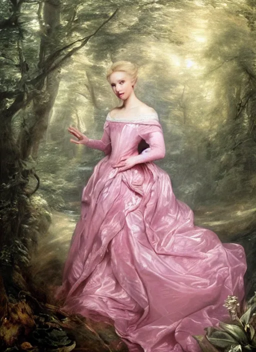 Image similar to Beautiful elsa, Looks like pink ranger, In the woods, Dramatic, Edge, Good, Infused, Backlight, De-Noise, VFX, insanely detailed and intricate, hypermaximalist, elegant, ornate, hyper realistic, super detailed, by Anthony Van Dyck, by Ivan Shishkin, by John Constable