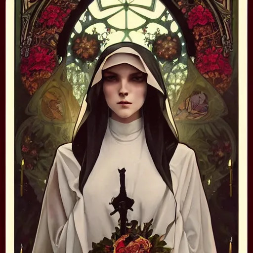 Prompt: art by artgerm and greg rutkowski and alphonse mucha and tom bagshaw, soft painting of a gothic nun blessing flowers in full dress, perfectly detailed, symmetrical intricate sensual features, highly detailed, artstation, sharp focus