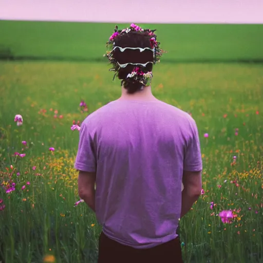 Image similar to kodak portra 4 0 0 photograph of a skinny guy standing in field of flowers, flower crown, back view, moody lighting, moody vibe, telephoto, 9 0 s vibe, blurry background, vaporwave colors, faded!,