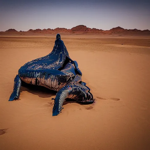 Image similar to 🐋🤖🦖🐉👽🐳 in desert, photography by bussiere rutkowski andreas roch