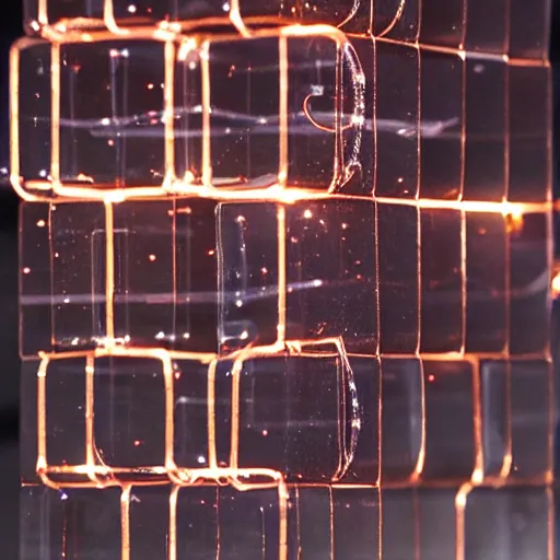 Image similar to a transparent cube containing copper coils and small lights