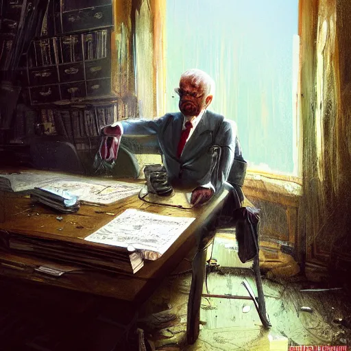 Prompt: a disheveled old disbarred lawyer boarded up in his messy house, isolated alone on a typewriter feverishly typing out paranoid rants in the 1 9 8 0 s, detailed artstation marc simonetti andrei riabovitchev ilya nazarov artstation oil on canvas shimmer