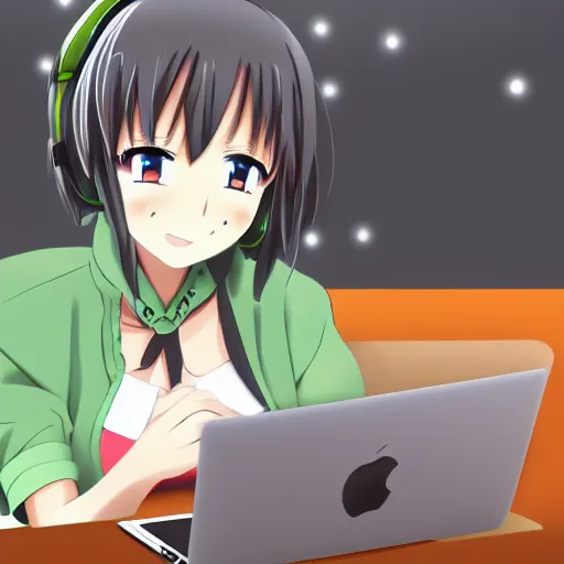 Image similar to anime girl with macbook pro, anime style, beautiful, sharp focus, extremely detailed