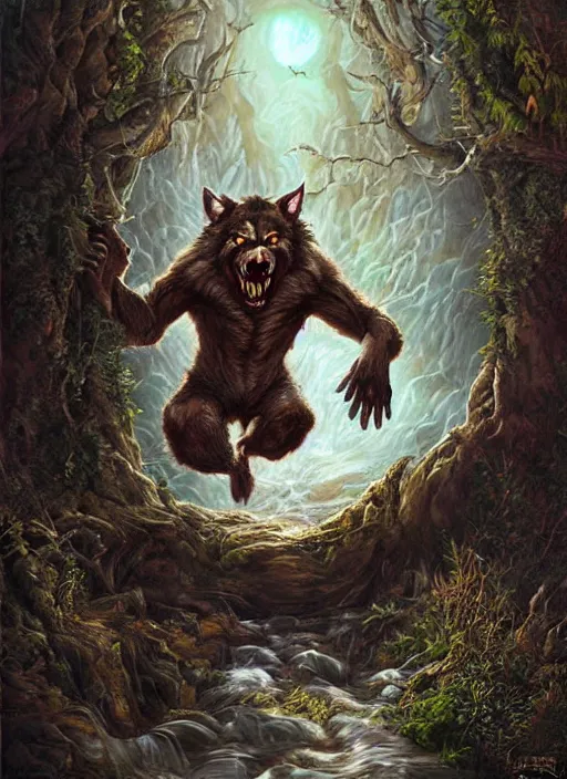 Image similar to a realistic painting of a werewolf opening up to love, fantasy art, matte painting, highly detailed