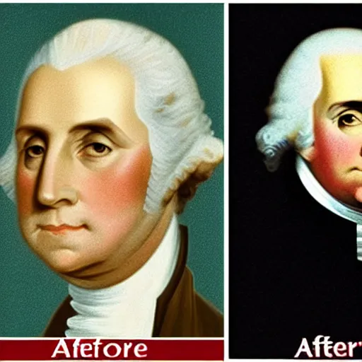 Image similar to 'before' and 'after' photos, in which the 'before' photo is of George Washington