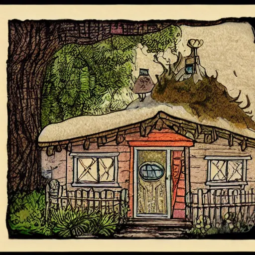 Image similar to a colored ink illustration of a humble cottage, drawn on white parchment paper, vibe, atmosphere, detailed, muted colors, by greg rutowski and ryan berkley