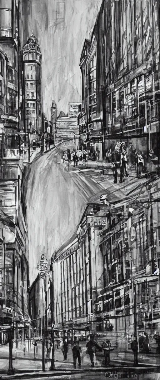 Image similar to Leeds City Centre black and white concept art oil painting