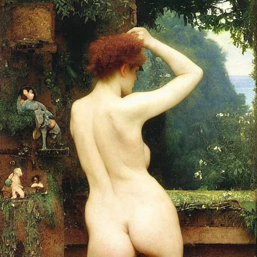 Prompt: a renaissance oil painting by alma tadema of a minion turned back on a stone balcony covered in moss with over shoulder view on a magical jungle, colourful pastel, detailed academic bouguereau, sharp focus, long shot