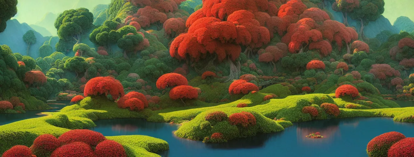 Image similar to a gorgeous very early spring series of lush islands separated by flower - lined streams, twisted gardens, painting by barlowe wayne maxfield parrish and marco mazzoni. tree no leaf!!!! china mountain village!! very little light verdancy. ultra clear detailed. 3 d, octane render. turbulent blood lake.