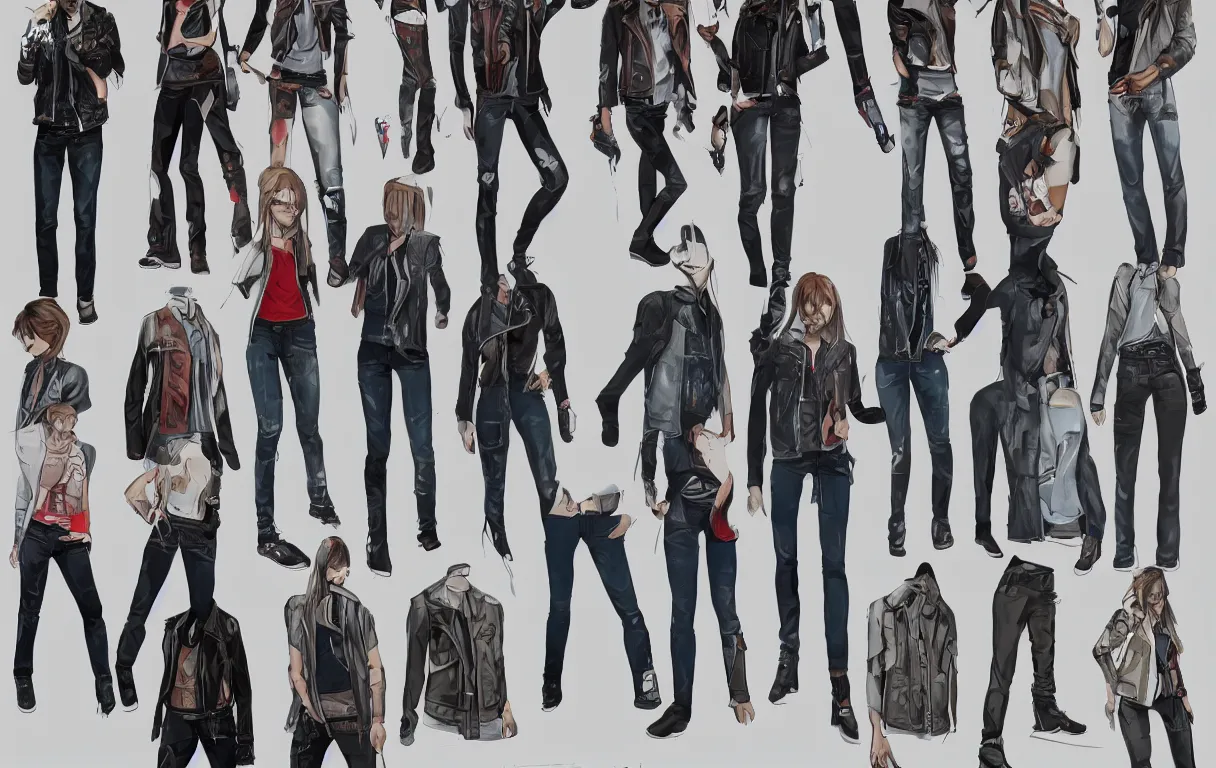 Prompt: a series of different character outfit concept art designs for max caulfield wearing metal t-shirt, leather jacket, denim kacket, demin jeans; each design is centred and arranged in a straight line; clear character pose and silhouette, high clarity outfit design; good anatomy; layered clothing, techwear; trending on artstation; clear shapes, clean edges, full body