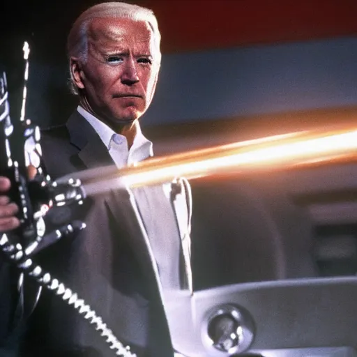 Image similar to joe biden in the terminator executing donald trump, cinematic, establishing shot, extremly high detail, photorealistic, cinematic lighting, style by James Gurney