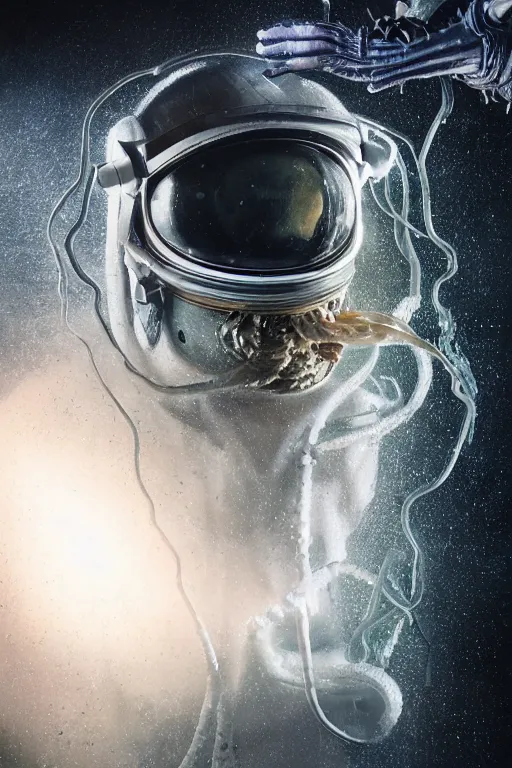 Image similar to extremely detailed studio portrait of space astronaut, alien tentacle protruding from eyes and mouth, slimy tentacle breaking through helmet visor, shattered visor, full body, soft light, disturbing, shocking realization, award winning photo by michal karcz and yoshitaka amano