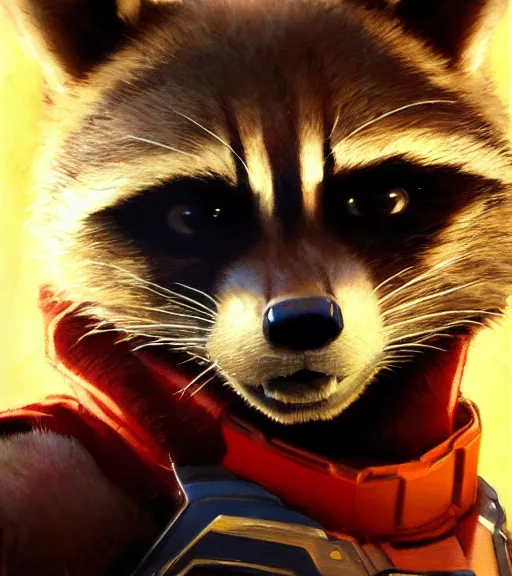 Image similar to a closeup portrait of Rocket Raccoon by Craig Mullins; extraordinary-masterpiece; realistic-lighting; anatomically-correct; 90mm; f/1.4