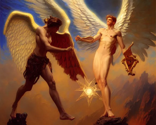 Image similar to attractive angel male deity, casting magic, summoning handsome lucifer morning star. highly detailed painting by gaston bussiere, craig mullins, j. c. leyendecker 8 k