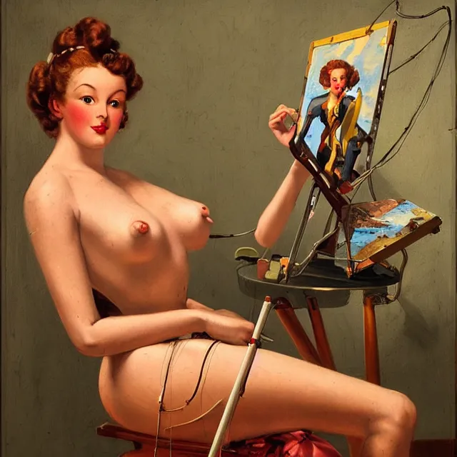 Image similar to robot artist painting a self - portrait on a canvas. intricate, highly detailed, digital matte painting in the style of gil elvgren and in the style of hans thoma. irony, recursion, inspiration.