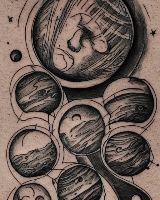 Image similar to planets on the top of a broken renaissance head statue, realism tattoo design, in the style of da ink