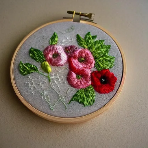 Prompt: a tiny beautiful handmade embroidery of a kiss. hand embroidery.