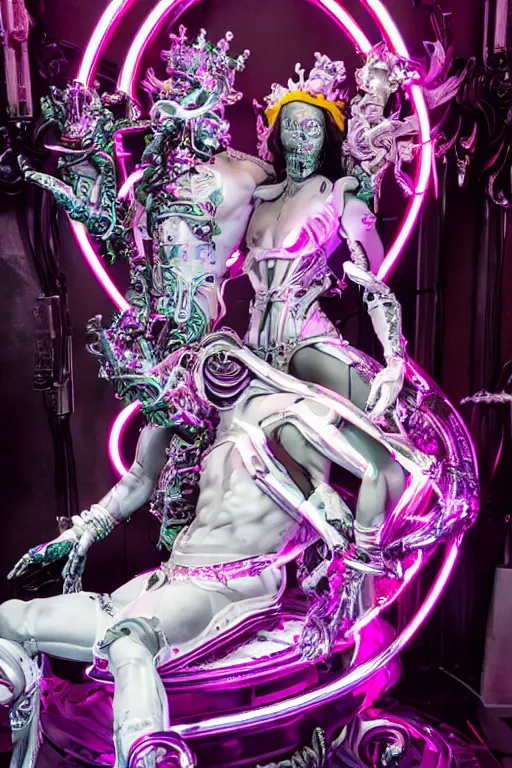 Image similar to full-body rococo and cyberpunk style neon statue of a muscular attractive Nick Jonas macho dotado e rico android sim roupa reclining con las piernas abertas e la piroca dura, glowing white laser eyes, prince crown of pink gears, diamonds, swirling silver-colored silk fabric. futuristic elements. full-length view. space robots. human skulls. intricate artwork by caravaggio. Trending on artstation, octane render, cinematic lighting from the right, hyper realism, octane render, 8k, depth of field, 3D