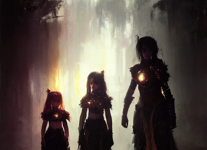 Prompt: portrait of two girls as mage wearing arcane light armor, fantasy, large anime eyes, cinematic lighting, by jeremy mann