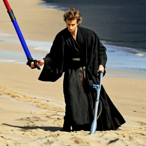 Image similar to Hayden Christensen as Anakin Skywalker Vacuuming the beach for sand, photo,