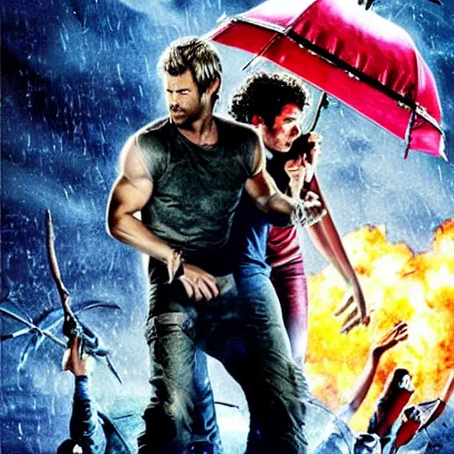 Image similar to epic movie poster aliens vomiting on chris hemsworth while he looks really annoyed and holding an umbrella