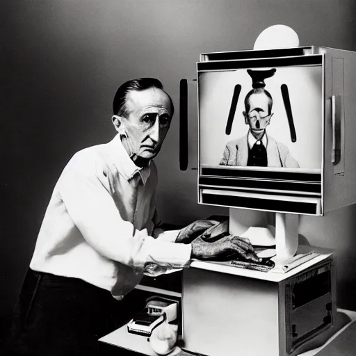 Image similar to Kodachrome portrait of Marcel Duchamp with an technologival machine, archival pigment print in the style of Hito Steyerl, studio shooting, contemporary art