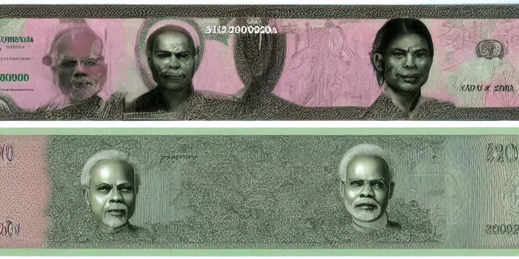 Prompt: 2000 rupees currency note with Narendra Modi's face on it, by H R Giger and Zdzisław Beksiński, the note also has a nano chip, pink,