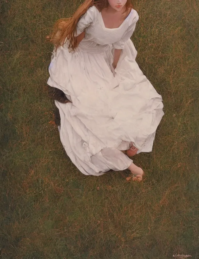 Image similar to lolita on a village, high angle view, portrait, Cinematic focus, Polaroid photo, vintage, neutral colors, soft lights, foggy, by Steve Hanks, by Serov Valentin, by lisa yuskavage, by Andrei Tarkovsky 8k render, detailed, oil on canvas