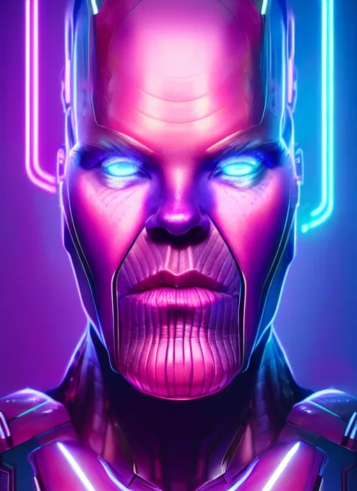 Image similar to portrait of thanos cyber humanoid, intricate, elegant, cyber neon lights, highly detailed, digital painting, artstation, glamor pose, concept art, smooth, sharp focus, illustration, art by artgerm and greg rutkowski