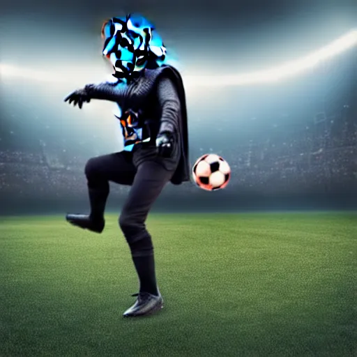 Image similar to professional shot from a game of soccer with darth vader kicking the ball, highly detailed, extremely high quality, hd, 4 k, 8 k, canon 3 0 0 mm, professional photographer, 4 0 mp, lifelike, top - rated, award winning, realistic, detailed lighting, detailed shadows, sharp, no blur, edited, corrected, trending