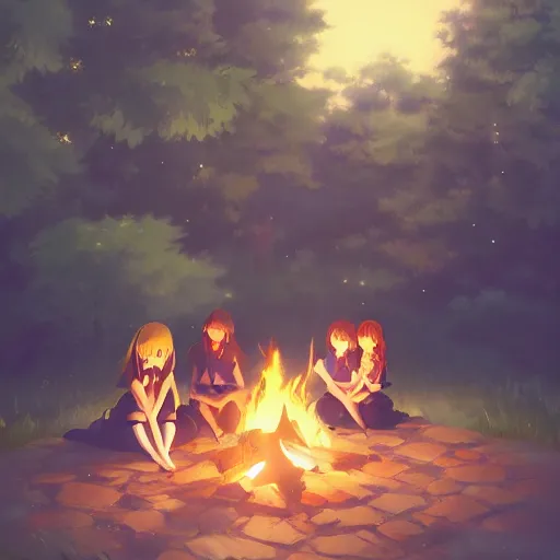 Prompt: very beautiful cute girls sitting around campfire at night, masterpiece, cinematic, perfect, anime art, trending on artstation, pixiv, makoto shinkai, digital painting, manga cover