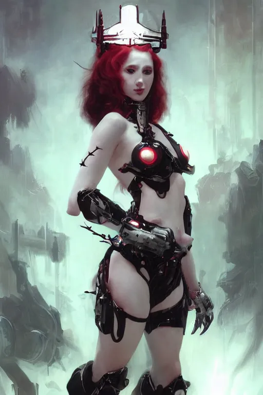 Prompt: Portrait of beautiful pale smiling cyborg succubus maiden in bikini armor with crown of thorns and glowing red eyes, cyberpunc, Warhammer 40000, digital art from artstation by Ruan Jia and Mandy Jurgens and Artgerm and william-adolphe bouguereau
