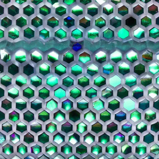 Prompt: pattern of joined hexagonal clear quartz crystals, with a high refractive index, through which is clearly visible the beatific richly multicoloured lights of paradise, exquisitely clear and hyper realistically sharp,