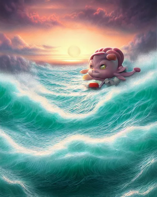 Image similar to highly open sea with big waves, sunset, hyper realistic, artstation, illustration, nicoletta ceccoli, mark ryden, lostfish, dan decarlo, bob clampett, max fleischer, digital paint, matte paint, vivid colors, detailed and intricate environment