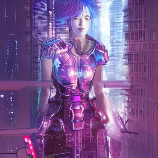 Image similar to portrait futuristic cyber warrior girl goddess, in future cyberpunk tokyo rooftop, ssci - fi, fantasy, intricate, very very beautiful, elegant, neon light, highly detailed, digital painting, artstation, concept art, smooth, 8 k, sharp focus, illustration, art by alphonse mucha and tian zi and wlop