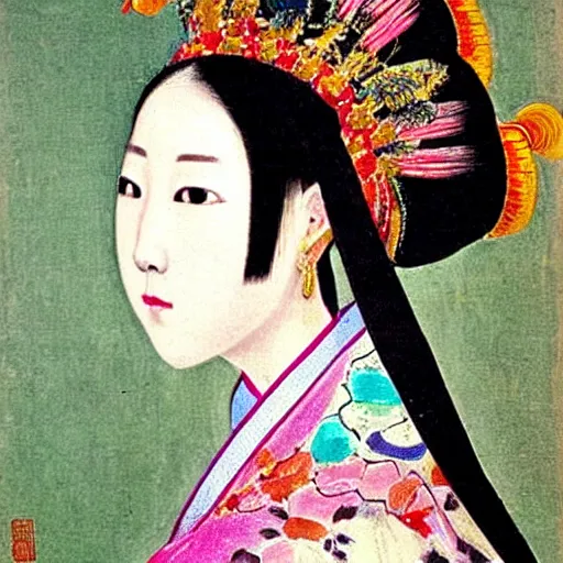 Image similar to impressive colorful portrait of a high fashion wudan girl in a chinese opera headdress, renaissance painting