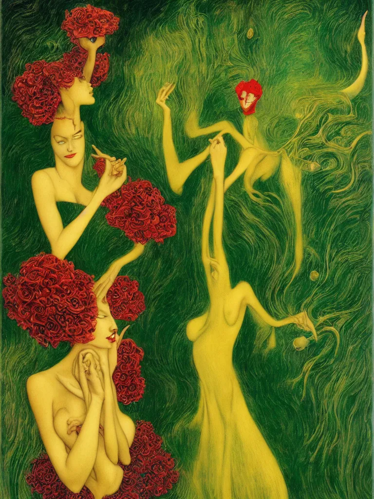 Prompt: !!!dream brunette woman standing in green dress on gold background, with black roses and red lips Anton Pic, Jean Delville, Amano, Yves Tanguy, Ernst Heckel, Edward Robert Hughes, Stanislaw Szukalski and Roger Dean photorealism