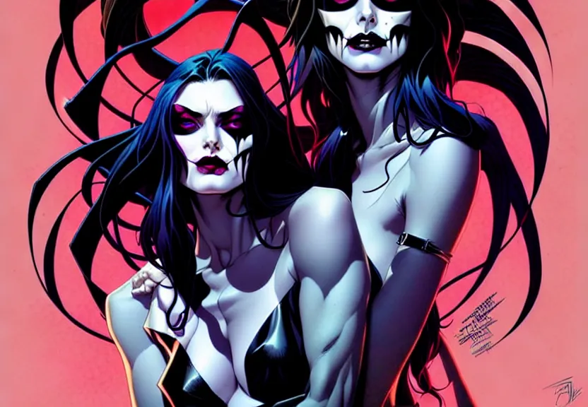 Prompt: artgerm, joshua middleton comic cover art, pretty phoebe tonkin as death from sandman comic, smiling, full body, symmetrical eyes, symmetrical face, long curly black hair, cool colors