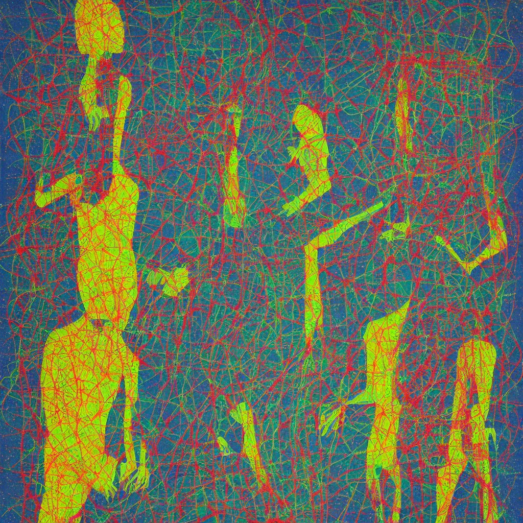 Image similar to two human figures anxiety, smiling, abstract, maya bloch artwork, ivan plusch artwork, cryptic, lines, stipple, dots, abstract, geometry, splotch, concrete, color tearing, uranium, acrylic, hints of color, pitch bending, faceless people, dark, ominous, eerie, minimal, points, technical, painting