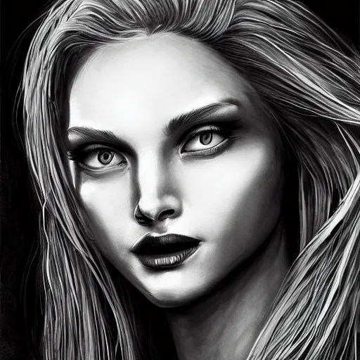 Image similar to medusa portrait painting, black and white,, wicked smile, artstation, detailed, blurred background