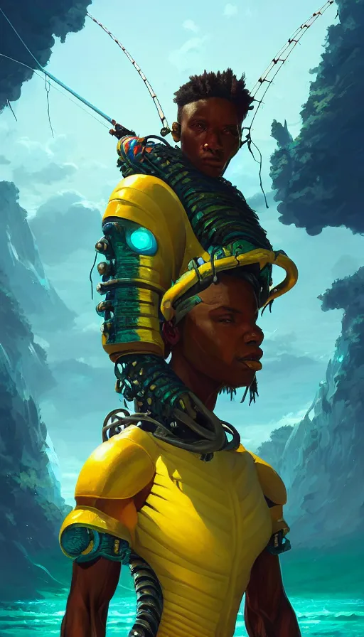 Image similar to portrait of a jamaican fisherman sci - fi glowing fishing armor muscular cyberpunk intricate elegant highly detailed digital painting artstation concept art, jamaican flag background, greg rutkowski, loish, rhads, ferdinand knab, makoto shinkai and lois van baarle, ilya kuvshinov, rossdraws, tom bagshaw