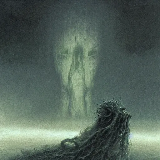 Image similar to a dark storm cloud made out of hundreds of sad ghostly faces. berserk. lovecraftian. painted by beksinski and ted nasmith.