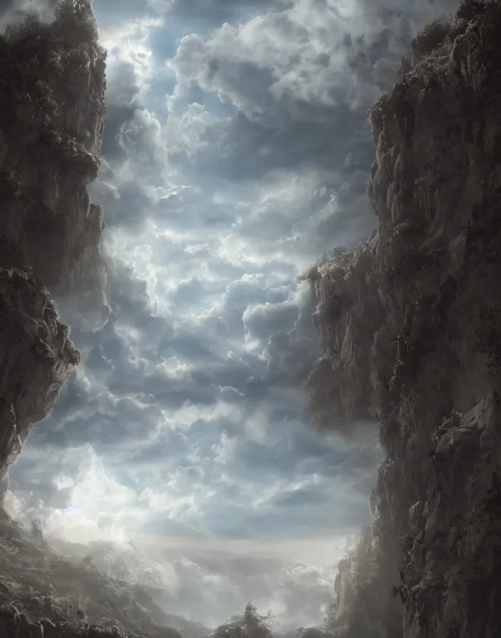 Prompt: open Gates of heaven in the clouds by paul chadeison, concept art, ultra realistic, super detailed, photorealistic, cinematographic, epic lighting, religious