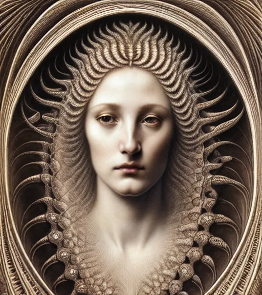 Image similar to detailed realistic beautiful ivory goddess face portrait by jean delville, gustave dore, iris van herpen and marco mazzoni, art forms of nature by ernst haeckel, art nouveau, symbolist, visionary, gothic, neo - gothic, pre - raphaelite, fractal lace, intricate alien botanicals, biodiversity, surreality, hyperdetailed ultrasharp octane render