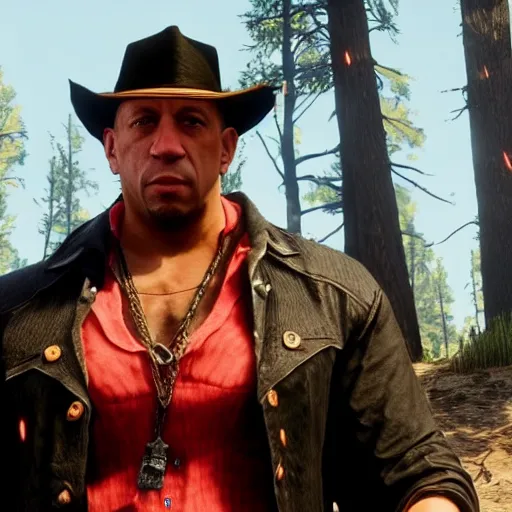 Image similar to a screenshot of vin diesel in red dead redemption 2 as arthur morgan